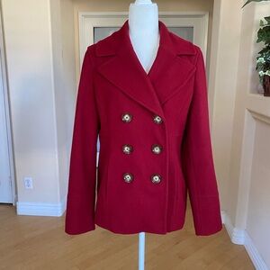 Michael Kors Wool Blend Double Breasted Burgandy Red Pea Coat with Logo Buttons